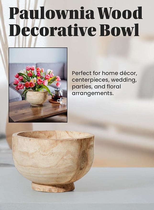 Serene Spaces Living Paulownia Wood Decorative Bowl – Handmade Round Wood Bowl for Home Décor, Centerpieces, Wedding, Parties, and Floral Arrangements, 7" Tall & 11" Diameter