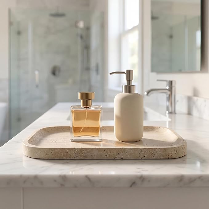 Natural Italian Travertine Tray Rectangular Decorative Marble Vanity Tray for Bathroom Countertop Hand-Polished Organizer for Kitchen Soap Jewelry Coffee Table Beige (11.8X7.8 Inch)