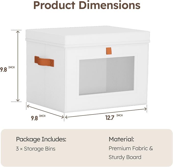 Homsorout Storage Bins with Lids - Front Opening Storage Box with Clear Window & Handles, Stackable Foldable Fabric Bins for Closet Organization, Clothes, Sweaters, Towels, Blankets, 3 Pack, White