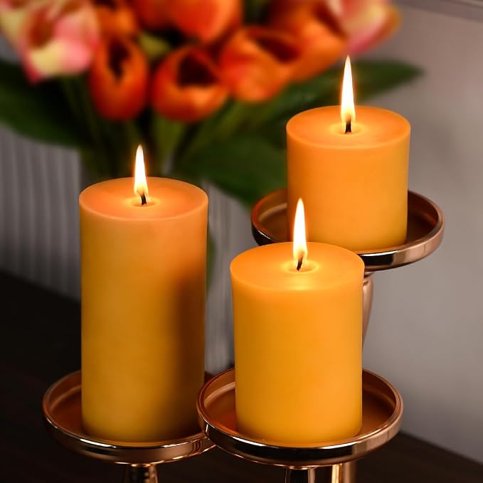 DEYBBY 3x4 inch Natural Beeswax Pillar Candle for Women, Smokeless Dripless Pure Organic Beeswax Candle with Natural Scent for Blackout Home Decoration Bath Relaxation(Yellow)