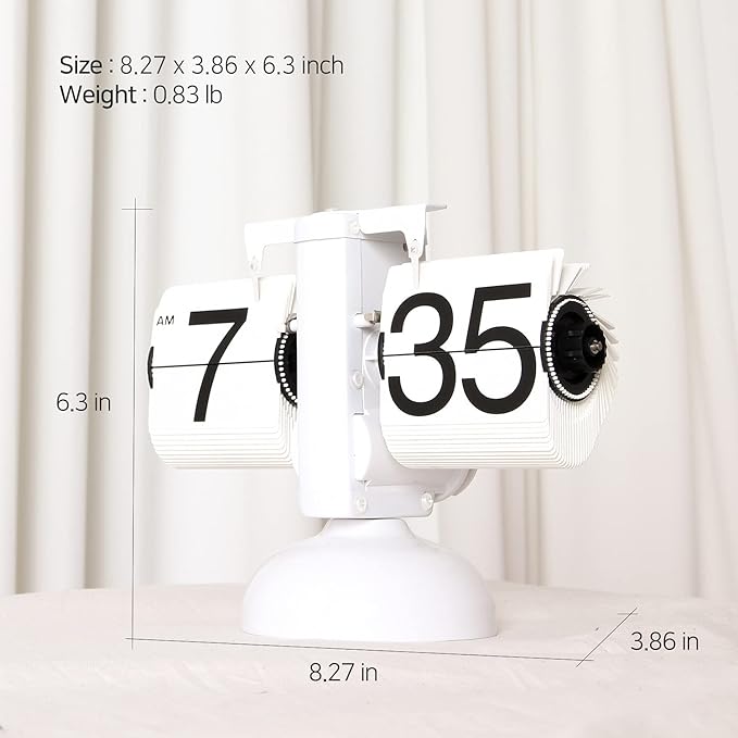mooas Flip Desk Clock (White), Retro Vintage Design Auto Flip Clock Desk Clock Table Clock Large Number Battery Powered Internal Gear Operated Home Décor Ideal for Home Office School Hotel Café