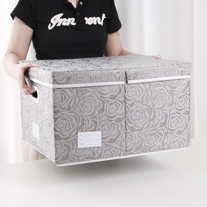 PRANDOM Extra Large Collapsible Storage Boxes with Lids Fabric Decorative Storage Bins Cubes Organizer Baskets with Cover Handles Divider for Bedroom Closet Living Room 19.6x15.7x11.8 Inch 3 Pack