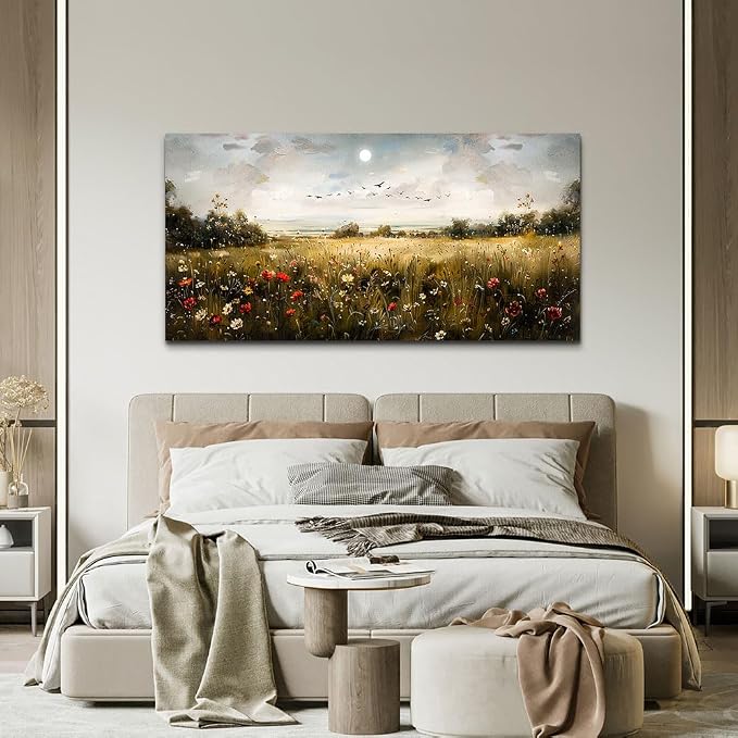 Wapluam Wall Decor For Living Room Canvas Wall Art For Bedroom Wildflower Field Vintage Wall Art Canvas Prints Paintings Farmhouse Artworks Pictures Modern Bathroom Aesthetic Home Wall Decor 40"X20"