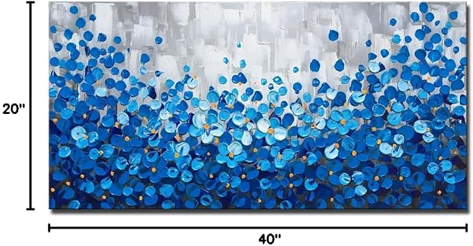 Blue Flower Canvas Wall Art 40x20 inch - Hand Painted Textured Oil Painting, Modern Framed Home Decor, Ready to Hang for Living Room, Bedroom, Office