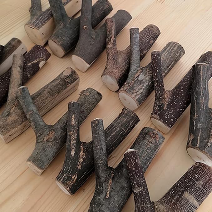 4Pcs Real Wood Tree Branch Wall Hook, Farmhouse Rustic Decorative Wooden with Bark Trunk Thickness 2cm-3cm with Screw