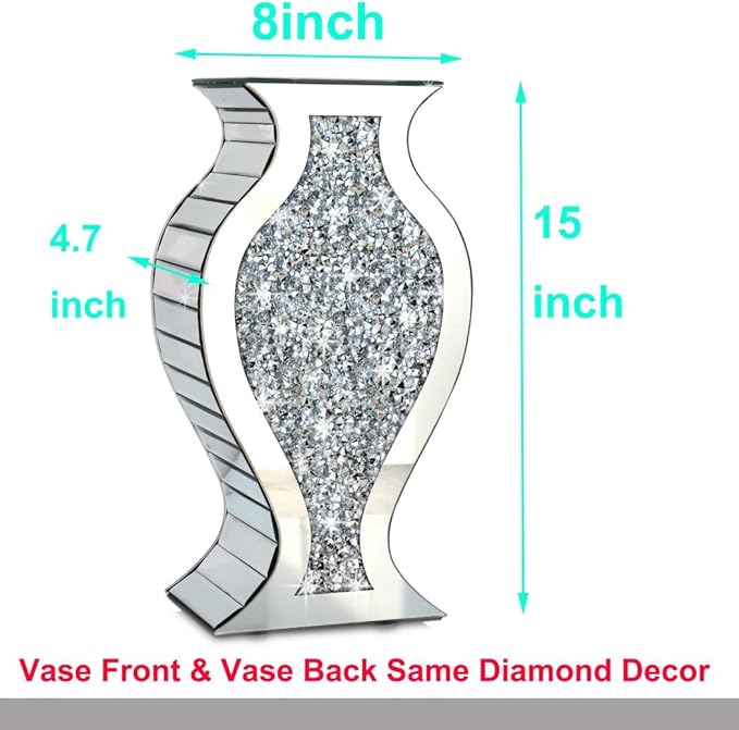 ALLARTONLY Crushed Diamond Mirror Vase Crystal Silver Glass Stunning Decorative Vase Flower Luxury for Home Décor. Can’t Hold Water.
