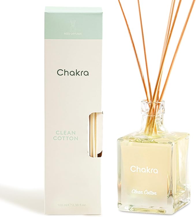 Chakra Reed Diffuser Set - Reed Diffusers for Home, Office and Living Spaces with Long-Lasting Fragrance, Scent Diffuser with Decorative Glass Bottle & Bamboo Sticks, 3.3 fl oz, Clean Cotton
