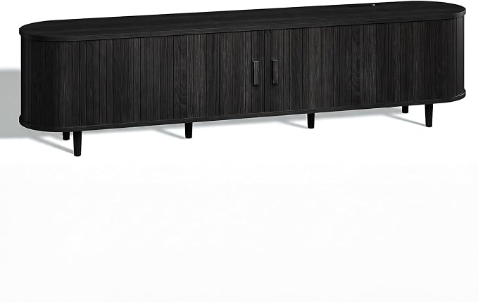 70" Mid Century Modern TV Stand, Wood TV Consoles with Sliding Doors and Power Outlet, Fluted Entertainment Center with Adjustable Shelves, Media Console for Living Room, Black