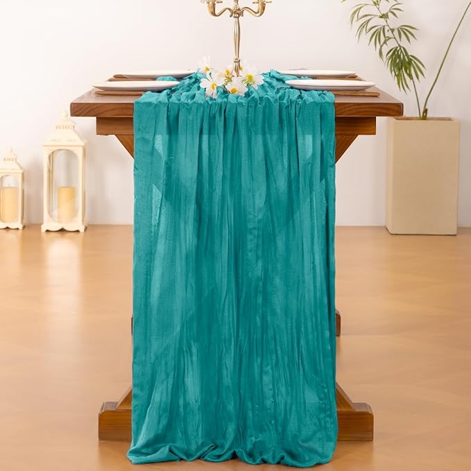Socomi 3pcs Teal Blue Spring Cheesecloth Table Runner Boho Rustic Gauze 120 inch 10FT Cheese Cloth Runner for Wedding Party Baby Shower Birthday Home Decor