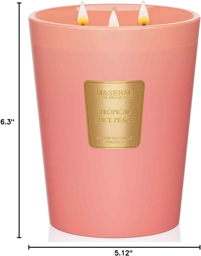 M&SENSE Tropical Spice Peach Soy Candle, 35oz 3-Wick, Summer Scent Gift | 150H Long Burn, Non-Toxic, Large Jar, Fruity Home Fragrance, Stress Relief, Relaxation Gifts for Women