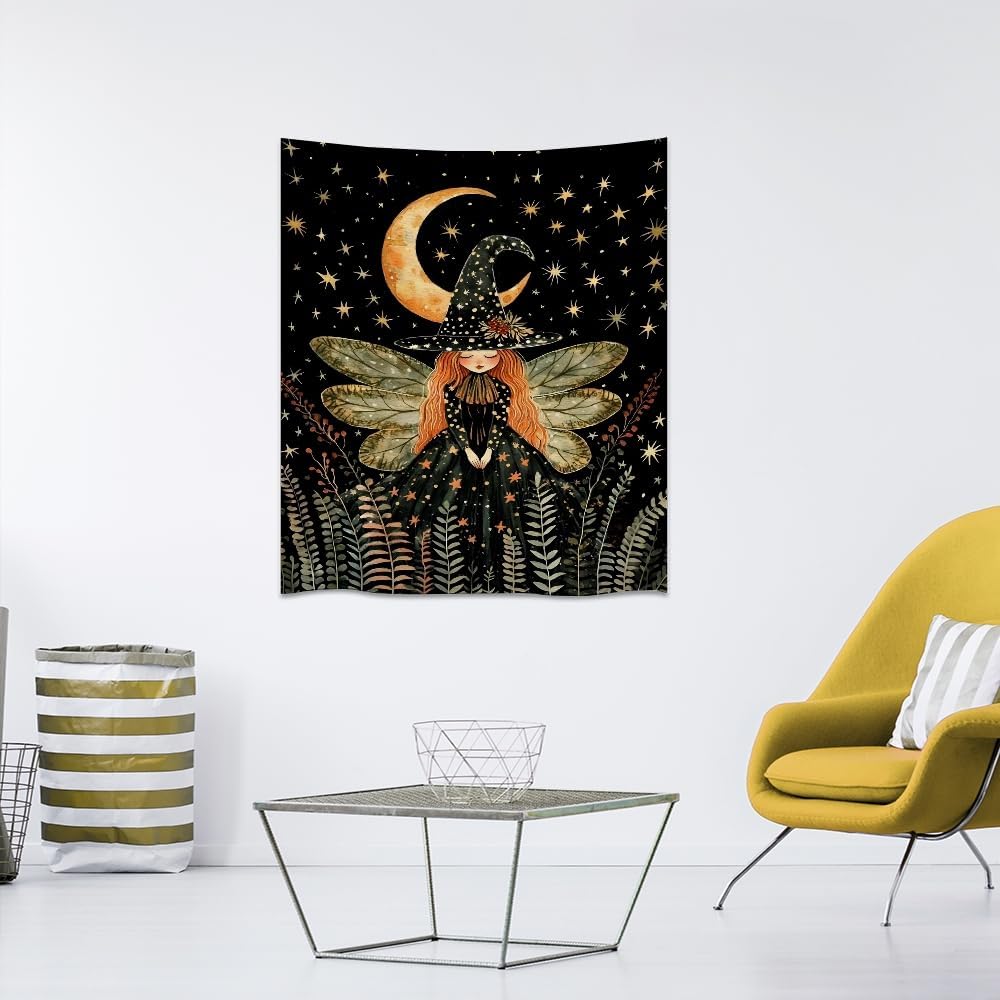 Dark Academia Witch Fairy Tapestry Wall Hanging Magical Moon Starry Night Art Print Halloween Witchy Artwork Aesthetic Wall Tapestries for Girls Bedroom Living Room Dorm Decoration 40x60inch