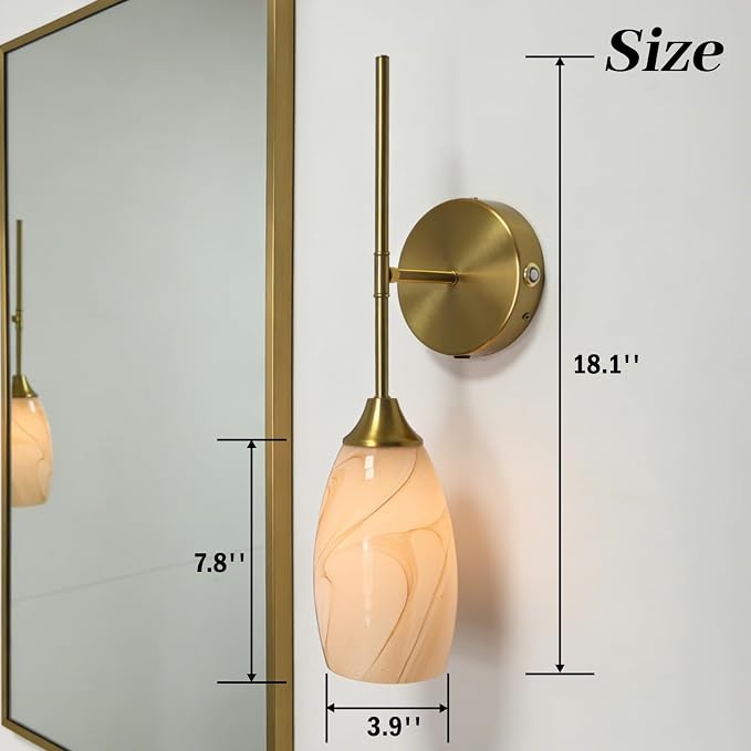 Battery Operated Wall Sconces Set of 2, Gold Rechargeable Wireless Wall Sconces with Hand-Blown Glass, Remote Control, Magnetic Mount,Dimmable 3 Colors for Bedroom Living Room Hallway