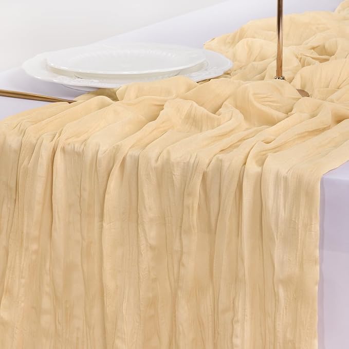 Socomi 6pcs Gold Champagne Cheesecloth Table Runner Easter Spring Boho Rustic Gauze 120 inch 10FT Cheese Cloth Runner for Wedding Party Baby Shower Birthday Home Decor Holiday Decorations