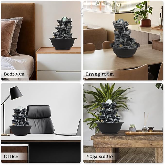 Tabletop Water Indoor Fountain Waterfall Indoor Water Fountains Feng Shui Zen Decorative Desktop Fountain with Colored Led Light and Spinning Ball for Room,Office(Style 1)