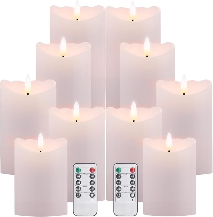 Oleitodh 12 Pack Flameless Pillar Candles with Remote and Timer, Flickering Battery Operated LED Candles, Realistic Melted Edge Plastic Candles for Wedding, Fireplace, Home Decor, White