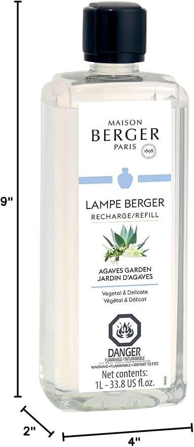 Maison Berger Agaves Garden Lampe Berger Refill, 1 Liter (33.8 fl oz), 2-in-1 Catalytic System, Neutralizes Odors and Diffuses Fragrance, Lemon, Coffee, Blue Agave, Made in France