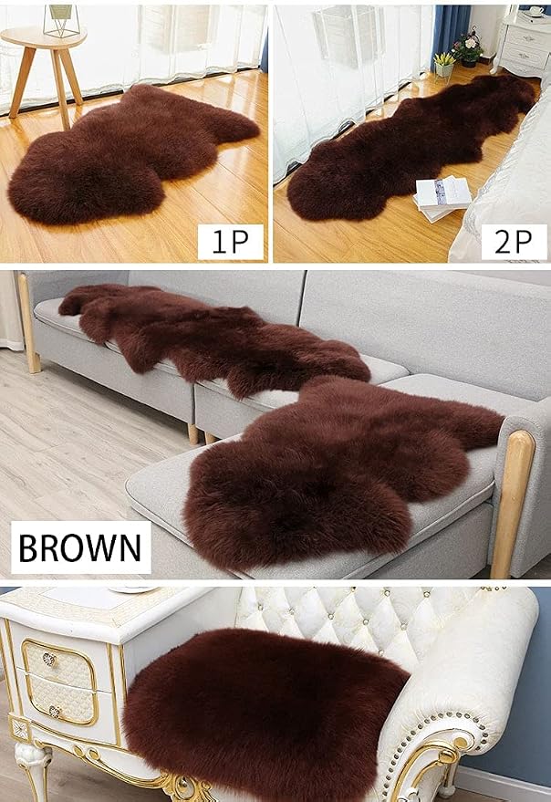 HUAHOO Premium Genuine Sheepskin Rug Brown Real Australia Sheepskin Natural Luxury Fluffy Lambskin Fur Area Rug Seat Covers for Kids Bedroom Sofa Chair Cover Pets Dogs Mat Double Pelt/2' x 6' Brown