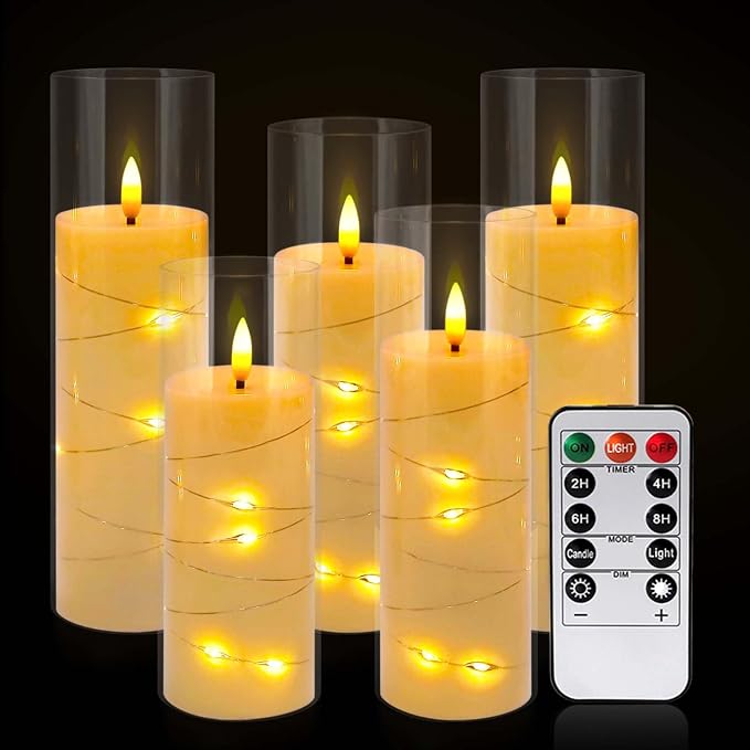 Pack of 5 (D2.2 X H 5" 6" 7") Ivory Flickering Flameless Candles Battery Operated with Remote, LED Pillar Candles with Realistic Moving Wick for Halloween, Christmas, Home Decor.