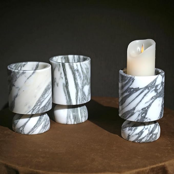 Modern Marble Pillar Candle Holder, Natural Marble Candlestick Holder, French Centerpieces for Table, Elegant Marble Home Decor for Anniversary Weddings Valentine's Day