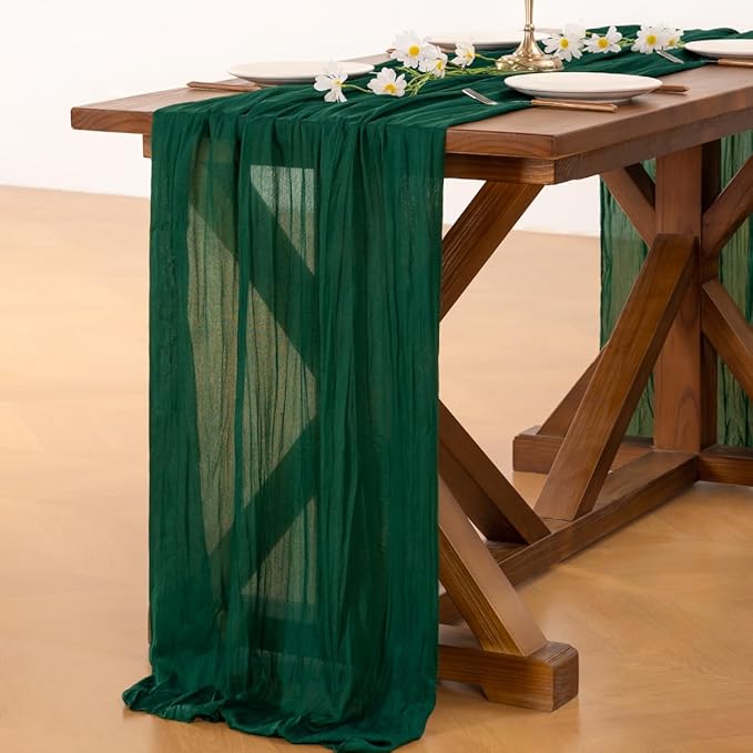 Socomi 2pcs Emerald Green Cheesecloth Table Runner Easter Spring Boho Rustic Gauze 120 inch 10FT Cheese Cloth Runner for Wedding Party Baby Shower Birthday Home Decor Holiday Decorations
