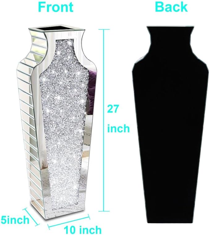 Allartonly Floor Crushed Diamond Mirrored Vase 27" Tall, Crystal Silver Glass Decorative Mirror Large Size Luxury for Home Decor. Can't Hold Water.