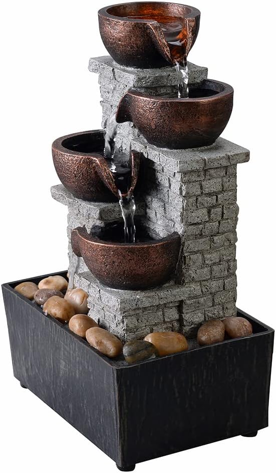 Kalona 4-Tier Indoor Waterfall Tabletop Fountain with LED Lights and Natural Rocks, Cascading Bowl Desk Fountain for Home and Office Decoration, Relaxing Water Feature (21132B)
