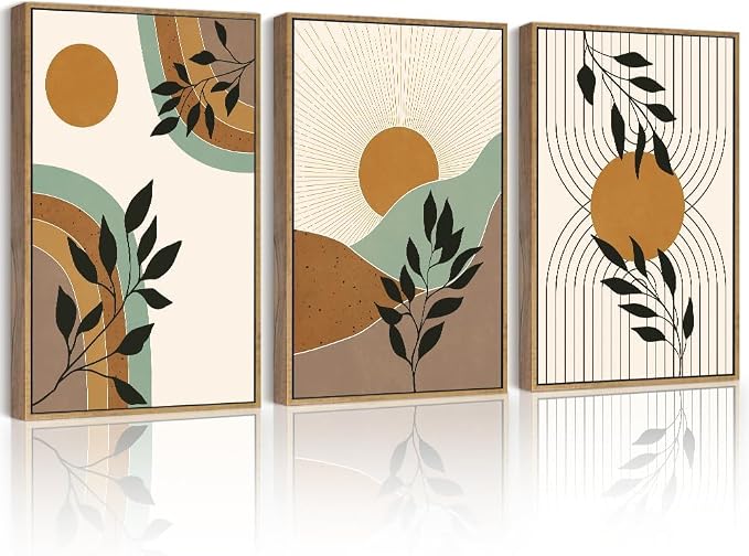 PHOPAGO Boho Abstract Wall Art Large 16x24in Botanical Mid Century Modern Framed Wall Printing Neutral Geometric Prints Bohemain Sage Decor for Farmhouse Home Office - Natural Framed
