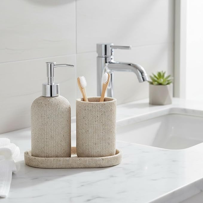 Beige 3 Pcs Toothbrush Holder, Soap Dispenser and Toothbrush Holder, Stripes Decorative Tray Set, Vanity Tray for Bathroom, Frosted Farmhouse Decor