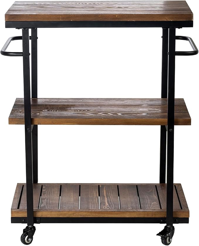 MyGift Rolling Bar Cart with Wheels, 3 Tier Home Bar Serving Cart, Drink Tea Coffee Cart for Kitchen Pantry Restaurant, Vintage Rustic Burnt Solid Wood and Industrial Matte Black Metal