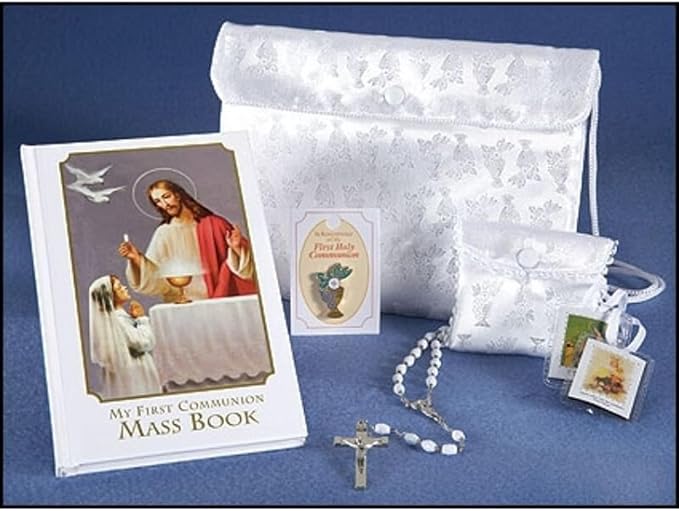 Deluxe First Communion Gift Set for Girls - Rosary with Case, White Satin Purse with Shoulder Strap, Mass Book, Scapular, and Lapel Pin
