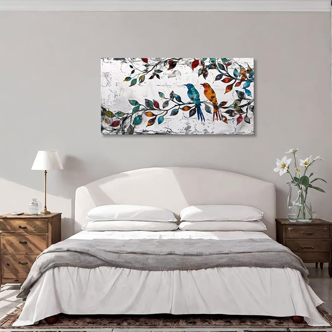 Wall Art Funny Paintings Colorful Birds on a Branch Art Mural Pop Art Home Office Wall Decor Framed Canvas Wall Decor for Living Room Ready to Hang - 71x36in