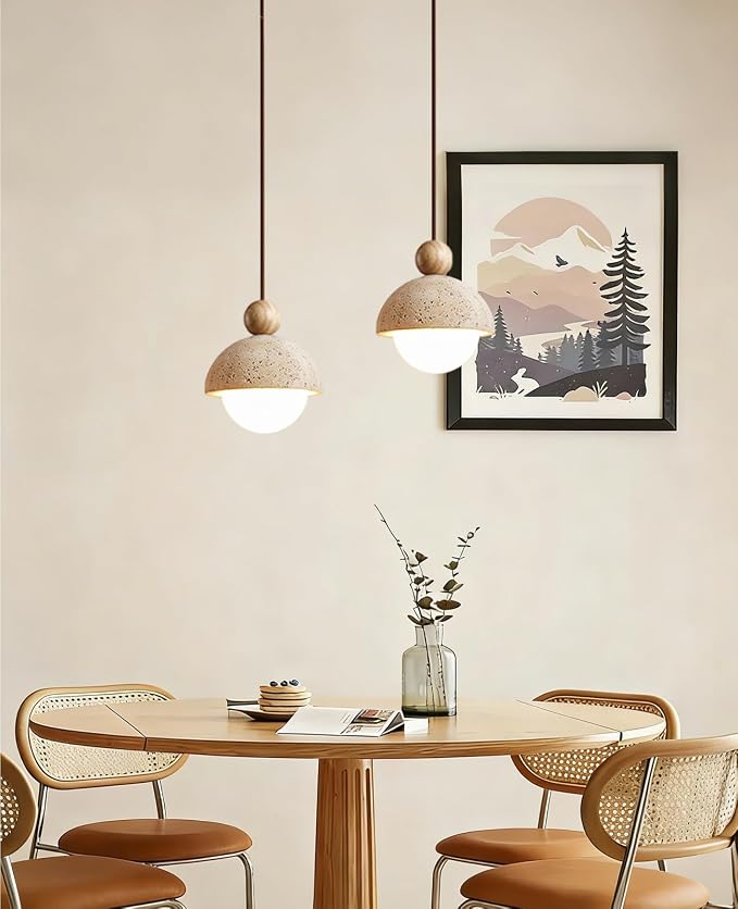Yellow Travertine Pendant Light Spherical Wabi Sabi Pendant Light Fixture Natural Stone Retro Japanese Style Vintage Mini Wood Nordic Hanging Light for Kitchen Island Bedroom Hallway Bedside (2PCS)