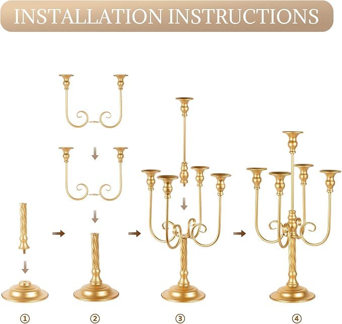 19.7in Gold Candelabra Centerpieces for Tables, 2Pcs Metal Tall Candle Holder for Taper Candles, 5 Arm Candlestick Holder for Wedding Centerpiece Decor Party Event Reception Decoration