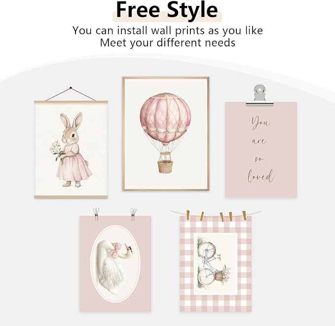 Pink Nursery Wall Art Decor Baby Girl Room Pictures Vintage Nursery Canvas Wall Decor Bunny Prints Floral Swan Poster Cute Rabbit Painting Artwork for Toddler Girls Bedroom 8x10x6 Inch Unframed