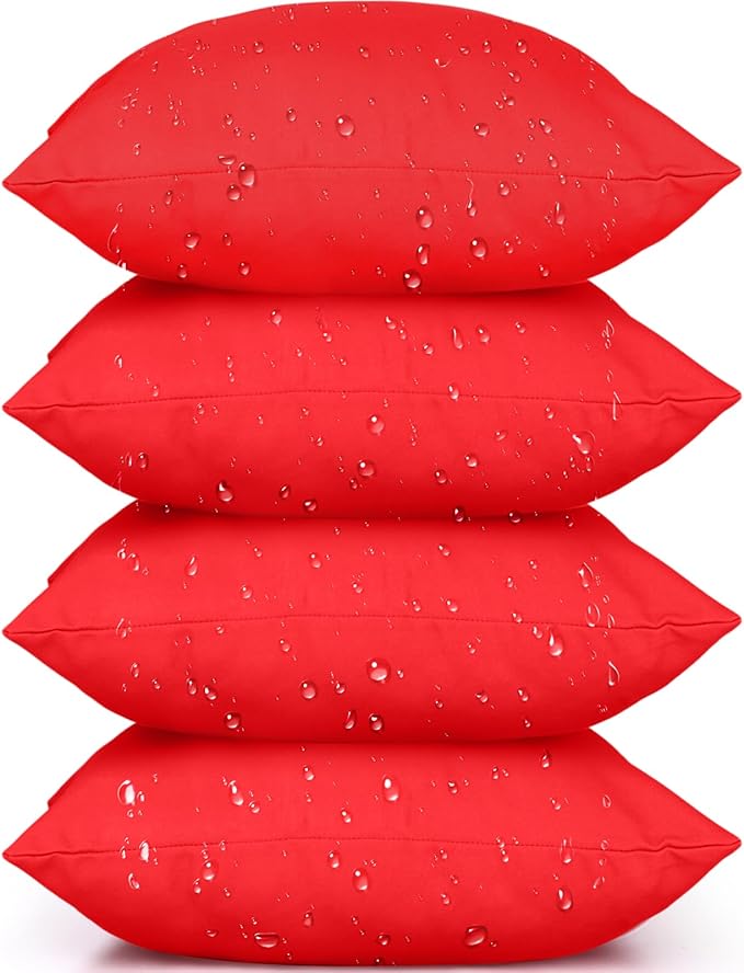 Colingmill 4 Set Waterproof Red Outdoor Throw Pillow Covers with 4 Pillow Inserts 18x18 Inch Decorative Waterproof Throw Cushion for Sofa Couch Home Patio