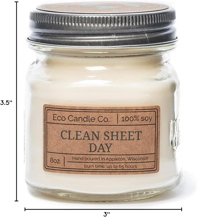 ECO CANDLE CO. Mason Jar Candle, Clean Sheet Day, 8 oz. - Scents of Clean Linens - 100% Soy Wax, No Lead, Kraft Label & Antiqued Pewter Lid, Hand Poured, Made from Midwest Grown Soybeans