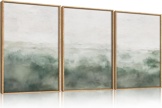 Large Abstract Grey Green Framed Canvas Wall Art,Watercolor Neutral White Wall Decor,Modern Pastel Wall Painting,Illustrations Artwork for Living Room,Bedroom,Dining Room,Office- 24"x36"x3
