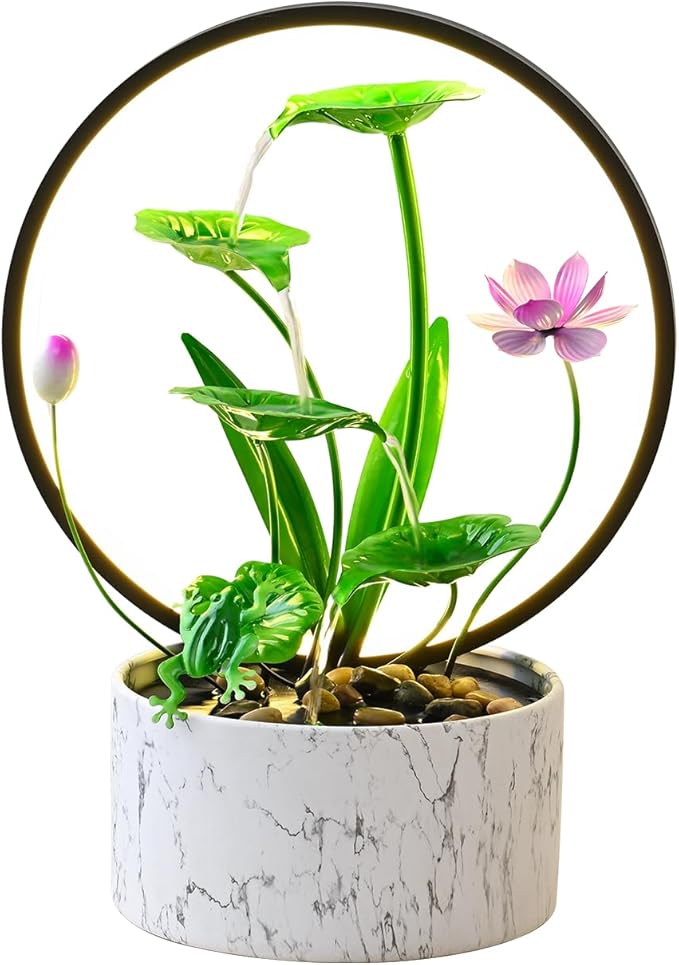 Qingyinge 15‘’H Green Small Water Fountain Indoor, Metal LED Light Relaxation Tabletop Fountain, for Meditation Yoga Spa Room Decor.