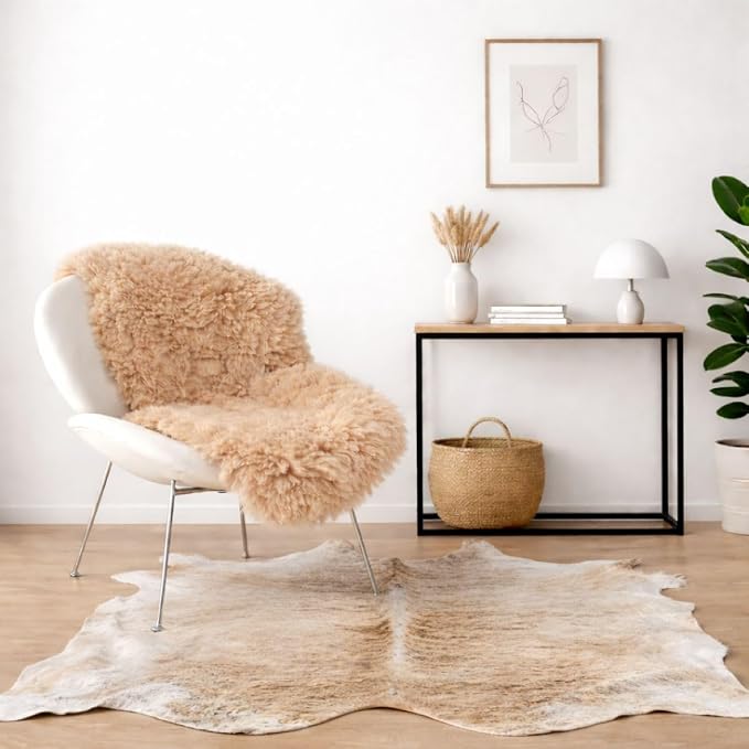 Premium Genuine Sheepskin Rug β Soft & Fluffy Single Pelt (2β x 3β) Lambskin Area Rug for Bedroom or Living Room β Made in Argentina (Light Beige)