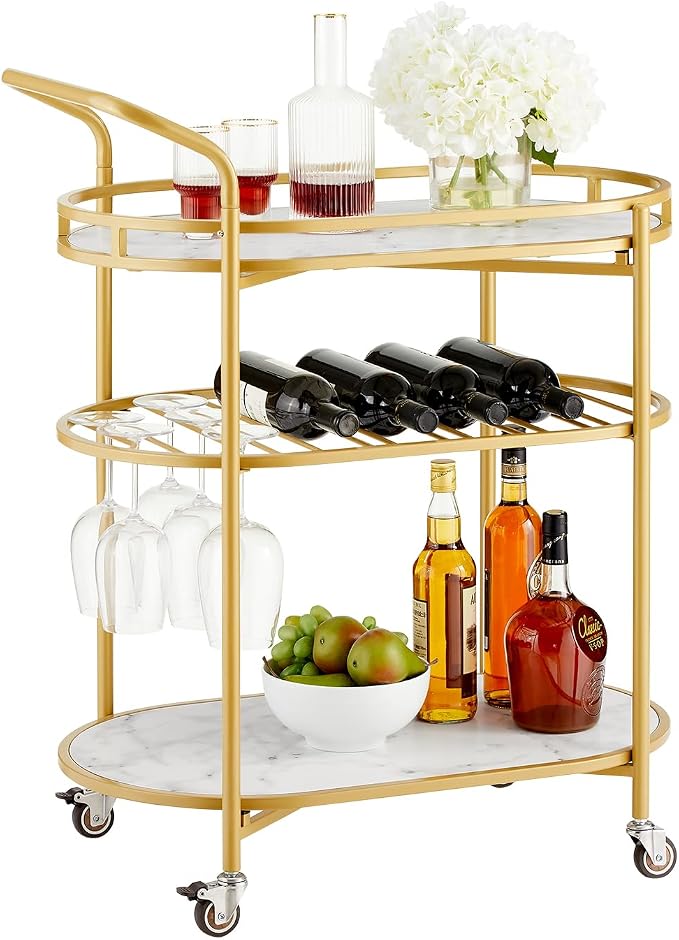 Square Gold Bar Carts with 3 Tier Storage Shelves Holder Home and Rotating Wheels for Home Kitchen, Bar, Dinning Room and Living Room, Easy Assembly