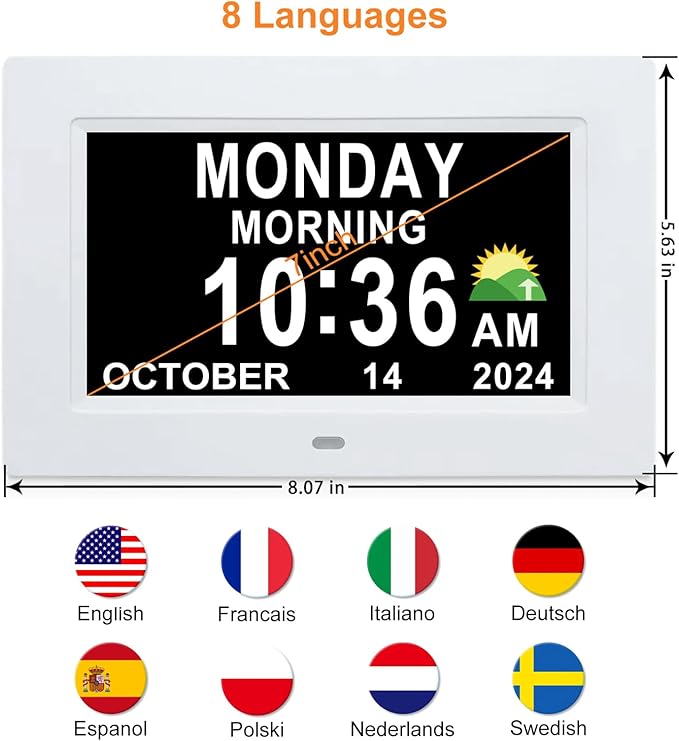 SSINI Digital Calendar Dementia Alarm Clock with Day and Date for Elderly - 15 Alarms 5 Colors Display Digital Clock Large Display Alzheimers Large Digital Clock for Seniors (7in White)