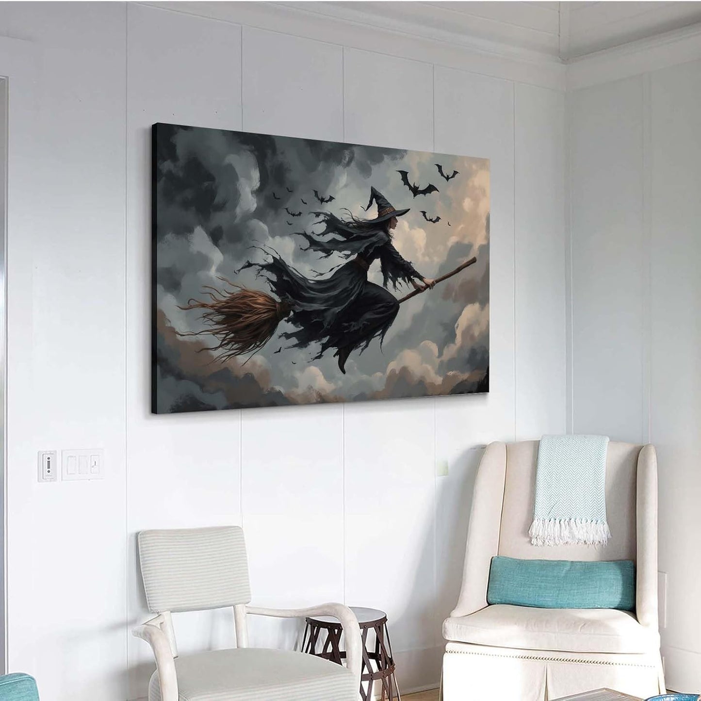 JFHCQJPK Witch and bat flying Halloween poster suitable for home party wall decoration retro Halloween preppy style wall art canvas print suitable for room decoration24x36in Frameless