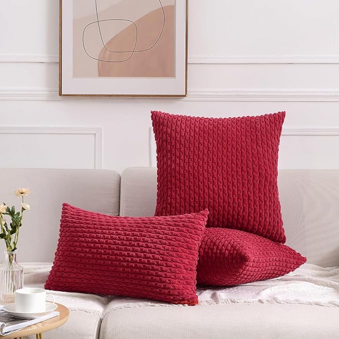 Fancy Homi 2 Packs Burgundy Decorative Throw Pillow Covers 18x18 Inch for Couch Bed Sofa, Modern Farmhouse Boho Home Decor, Soft Cute Plush Corduroy Wine Red Striped Cushion Case 45x45 CM