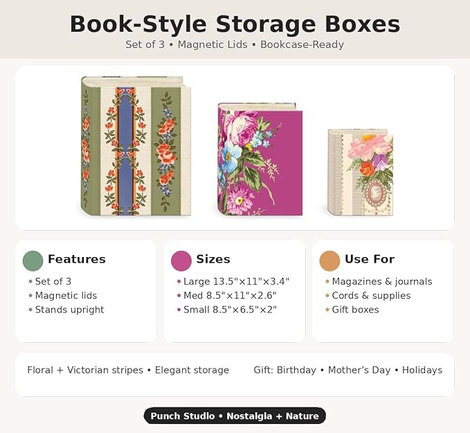 Punch Studio Decorative Storage Boxes with Lids | Nested Book Style Set of 3 Coated Cardboard Keepsake Box for Photos Documents Gifts Home Organization, 11” x 13.5” – Timeless Treasures Floral