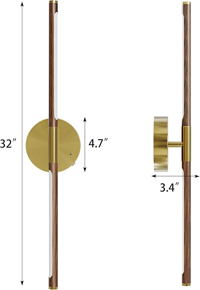 Battery Operated Wall Sconce Set of 2-8000mAh, Rechargeable, Dimmable, 3000K-6000K, Remote, Touch Control, Timer, 350° Rotate, LED Wall Lamps for Living Room, Bedroom, 32 Inch, Walnut Gold