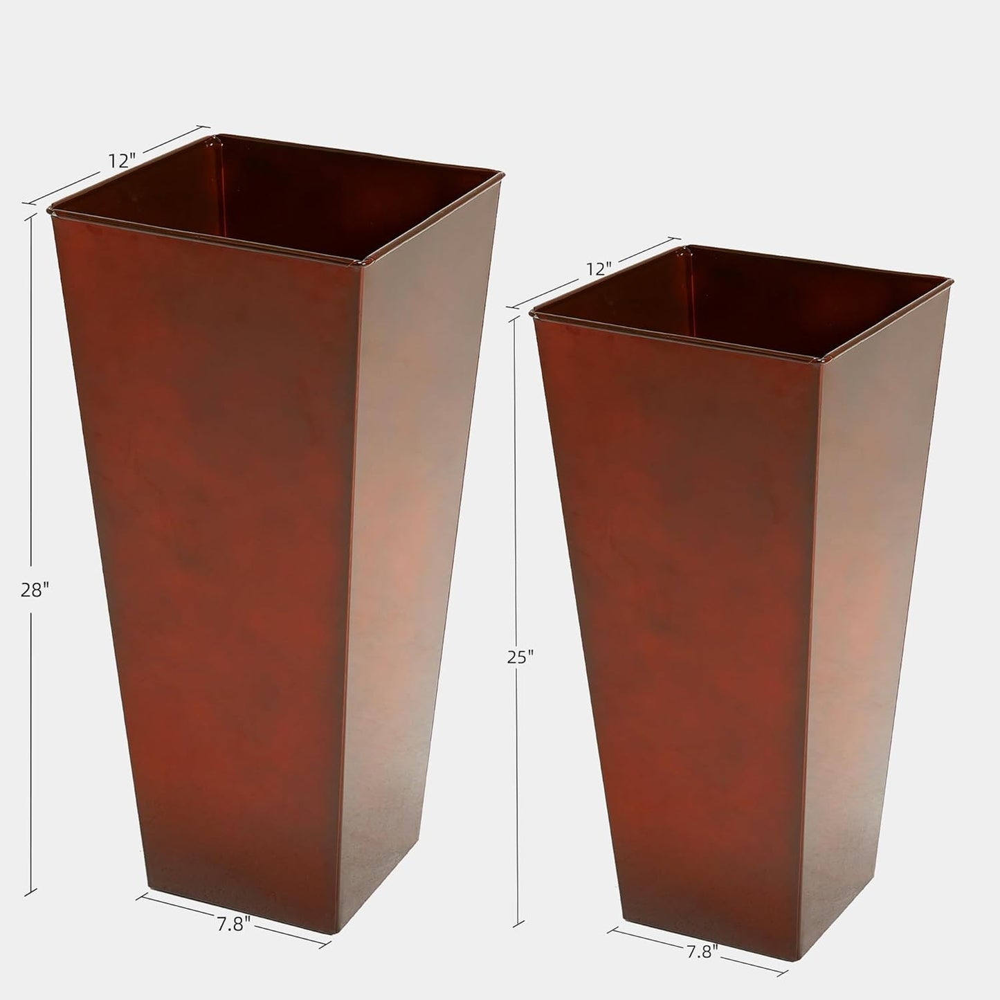 KOL 25'' & 28'' Tall Galvanized Steel Metal Glazed Planter with Insert, Set of 2, Metal Planter Pots for Indoor & Outdoor Use, Decorative Flower Plant Pots for Front Porch, Patio, Deck - Brown