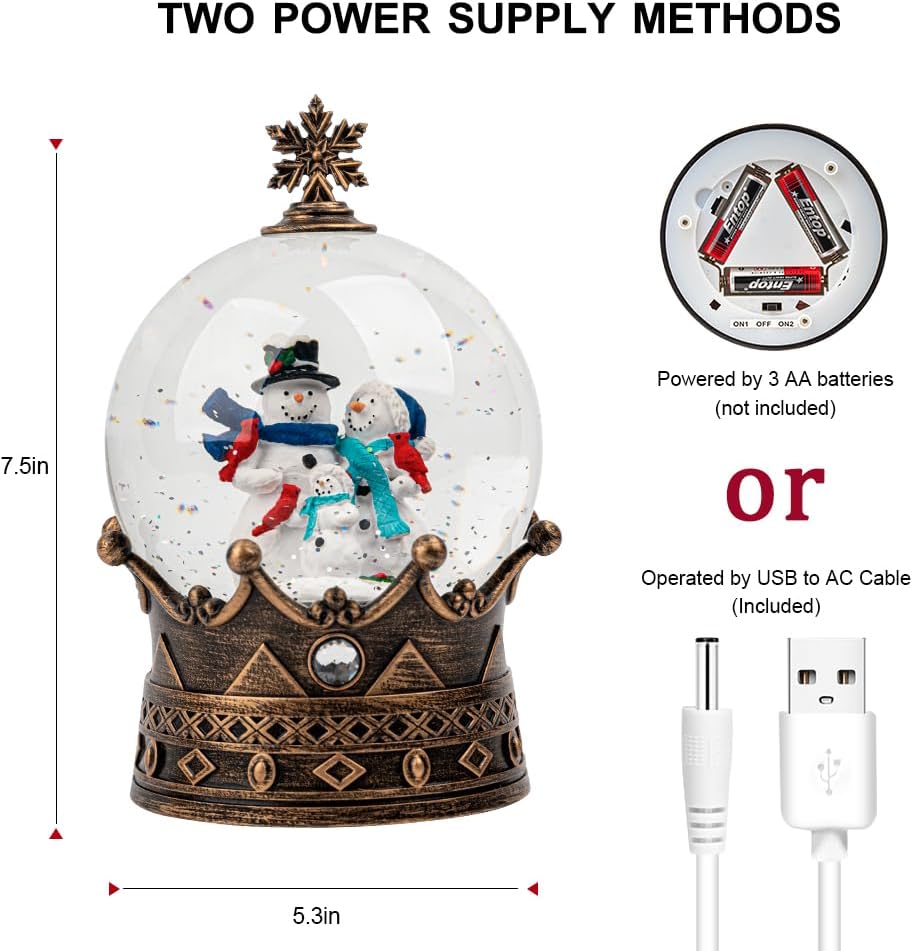Christmas Snow Globe Lantern Water Glittering Snowman Family Crown with Music, USB Lined/Battery Operated Lighted Lantern for Christmas Festival Decoration Gifts