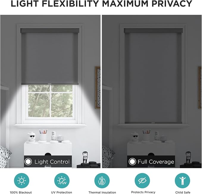 Joydeco 100% Blackout Roller Shades (Pro), Free-Stop Cordless Blinds for Windows, UV Protection, Natural Woven Blinds for Home and Office, Light-Proof Aluminum Cover (Light Grey, Custom Size)