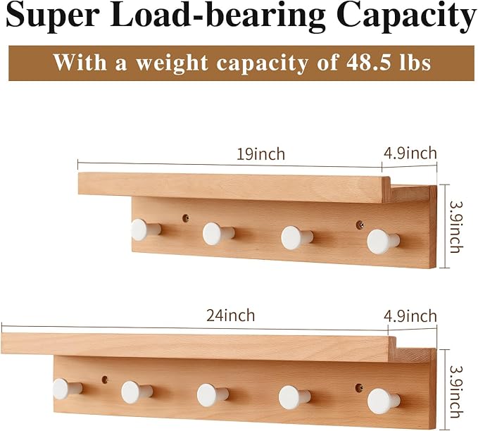 Wall Hooks with Shelf 24 inch, Beech Wood Entryway Wall with 5 Hooks, Floating Shelf Coat Rack for Bathroom, Living Room, Bedroom (24inch)