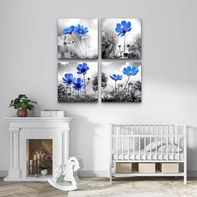 wall art for living room Black and White cyan blue flower Big Canvas Prints Wall Decor Artwork 16" x 16" 4 Pieces Framed Black Border Ready to Hang for bedroom kitchen Home Decoration withoffice